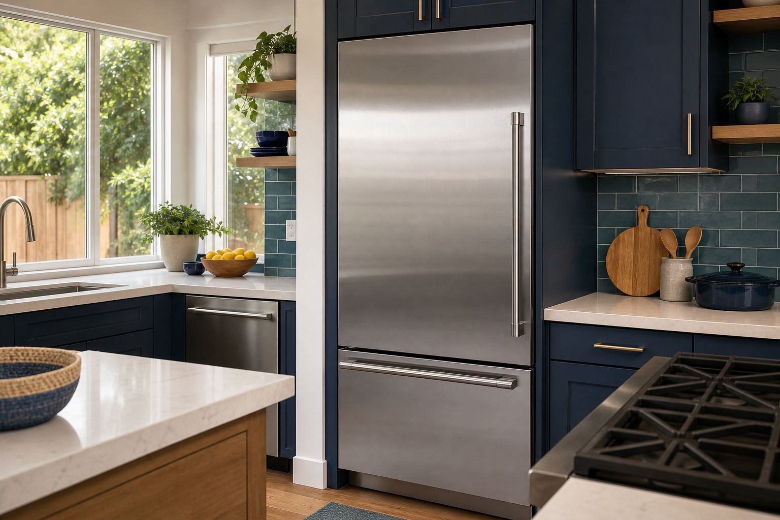 Stainless GE Monogram built-in refrigerator and professional range in a Hayward, CA kitchen