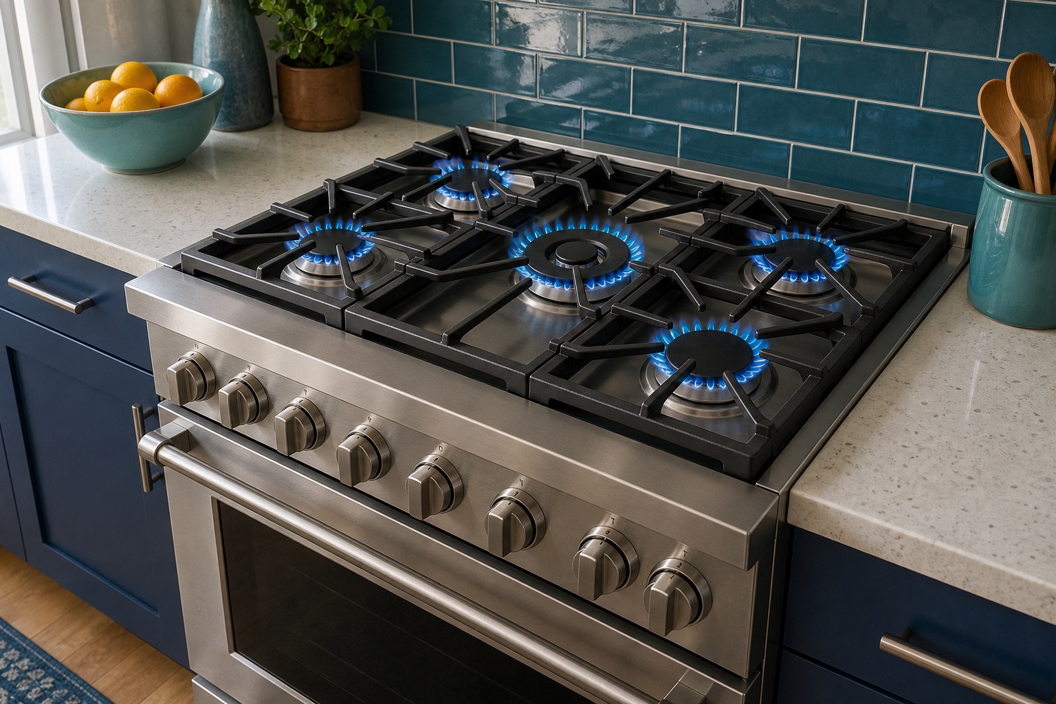 Stainless Thermador Star-burner gas cooktop installed in a modern Hayward, CA kitchen
