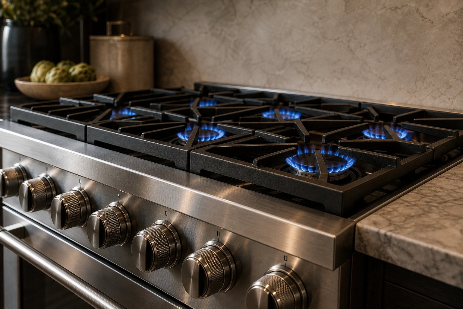 Stainless Viking Professional gas range with red knobs installed in a remodeled Hayward, CA kitchen