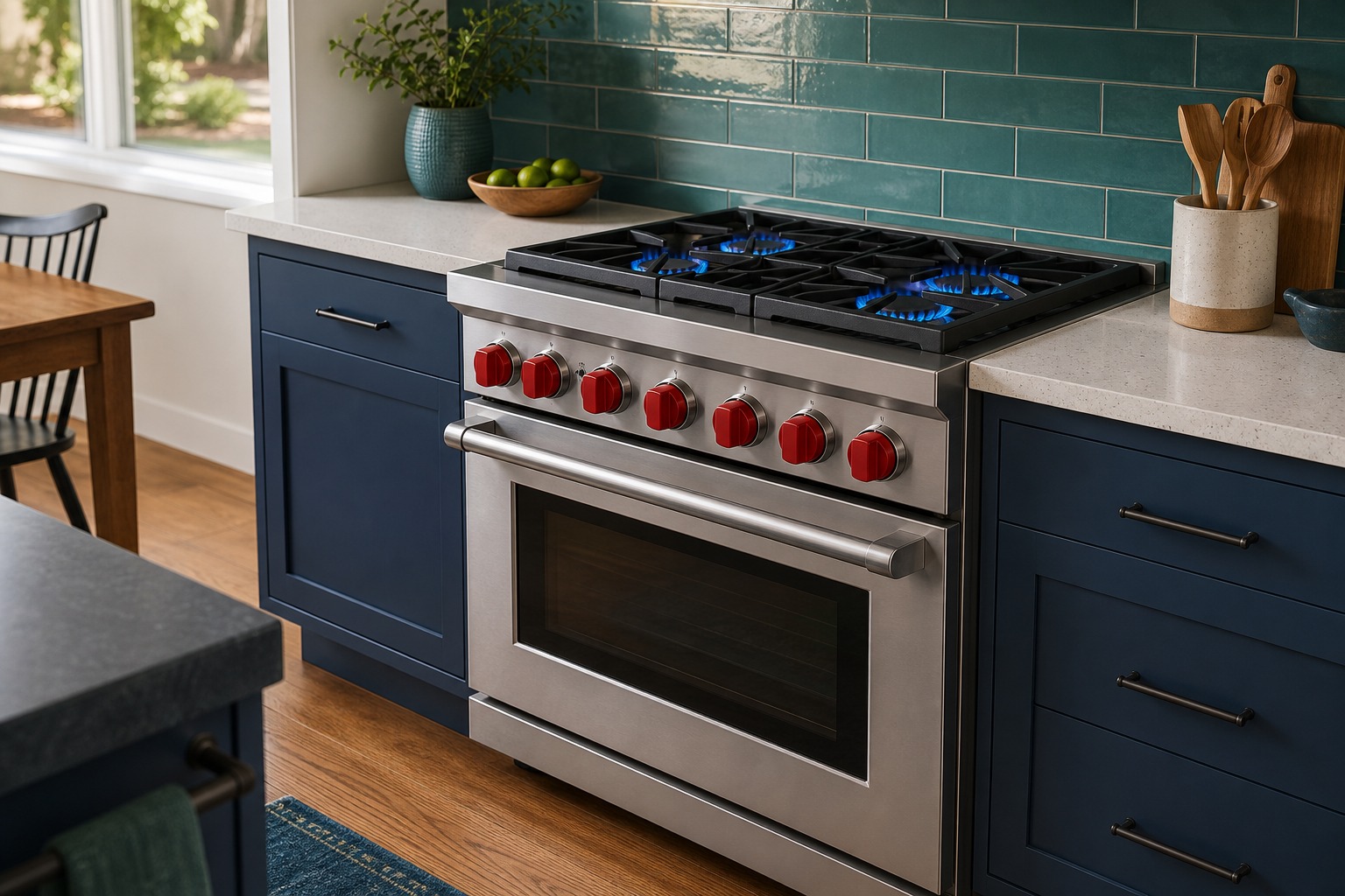 Stainless Wolf dual-fuel range with red control knobs in a bright Hayward kitchen, all burners lit