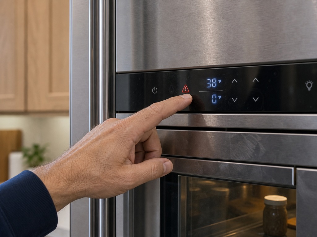 Sub-Zero control panel and diagnostic readout on a warm built-in refrigerator in a Hayward kitchen