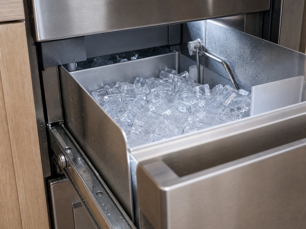 Built-in Sub-Zero ice maker with a nearly empty bin in a Hayward kitchen