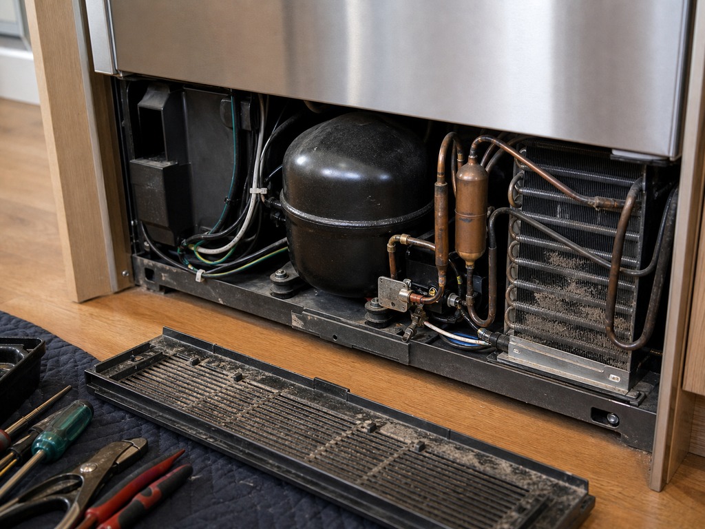 Technician connecting refrigeration gauges to a Sub-Zero built-in sealed system in a Hayward, CA kitchen