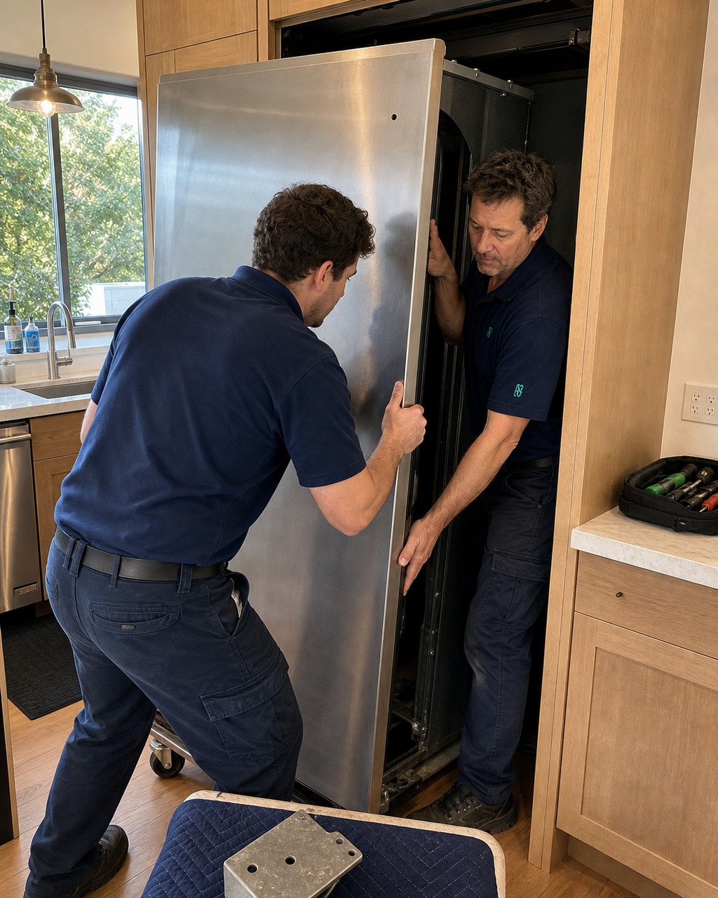Two Sub-Zero Hayward technicians evaluating a built-in refrigerator to advise repair or replacement in an East Bay kitchen