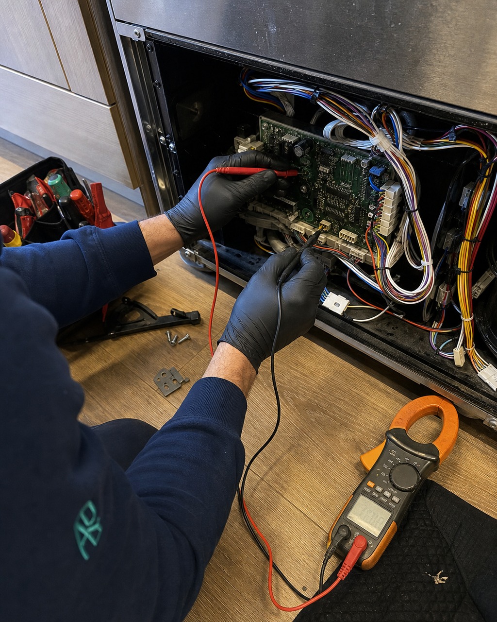 Sub-Zero Hayward technician using instruments to isolate a noisy fan and relay on a built-in refrigerator