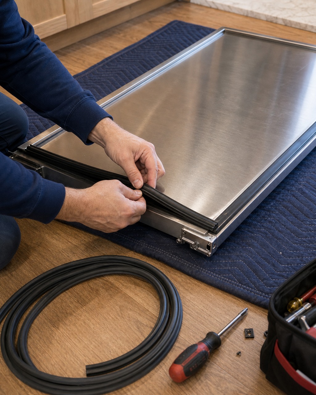 Technician checking a built-in Sub-Zero freezer door seal and temperature in a Hayward kitchen