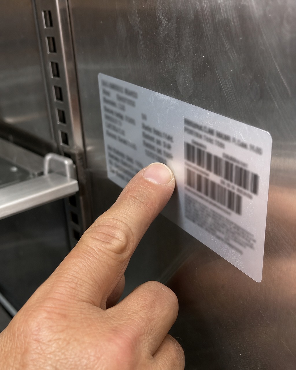 Close-up of a Sub-Zero model and serial number rating tag inside a built-in refrigerator cabinet in a Hayward kitchen