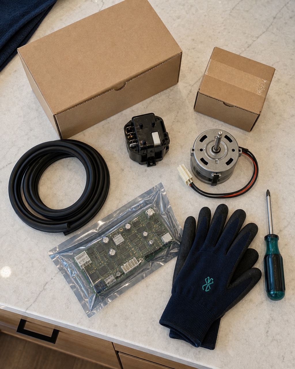 Flat-lay of genuine OEM Sub-Zero replacement parts laid out for a Hayward, CA built-in refrigerator repair quote