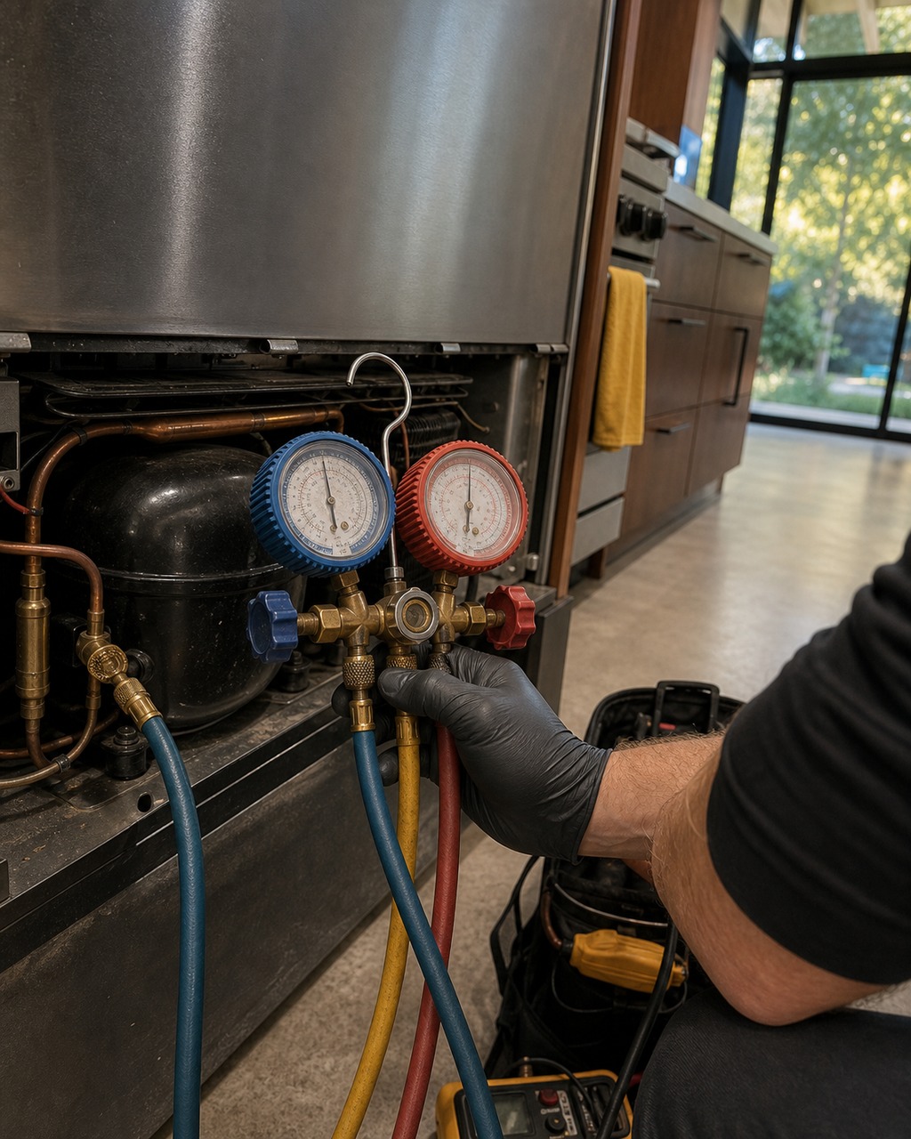 Refrigeration manifold gauges reading suction and discharge pressure on a Sub-Zero sealed system in Hayward, CA